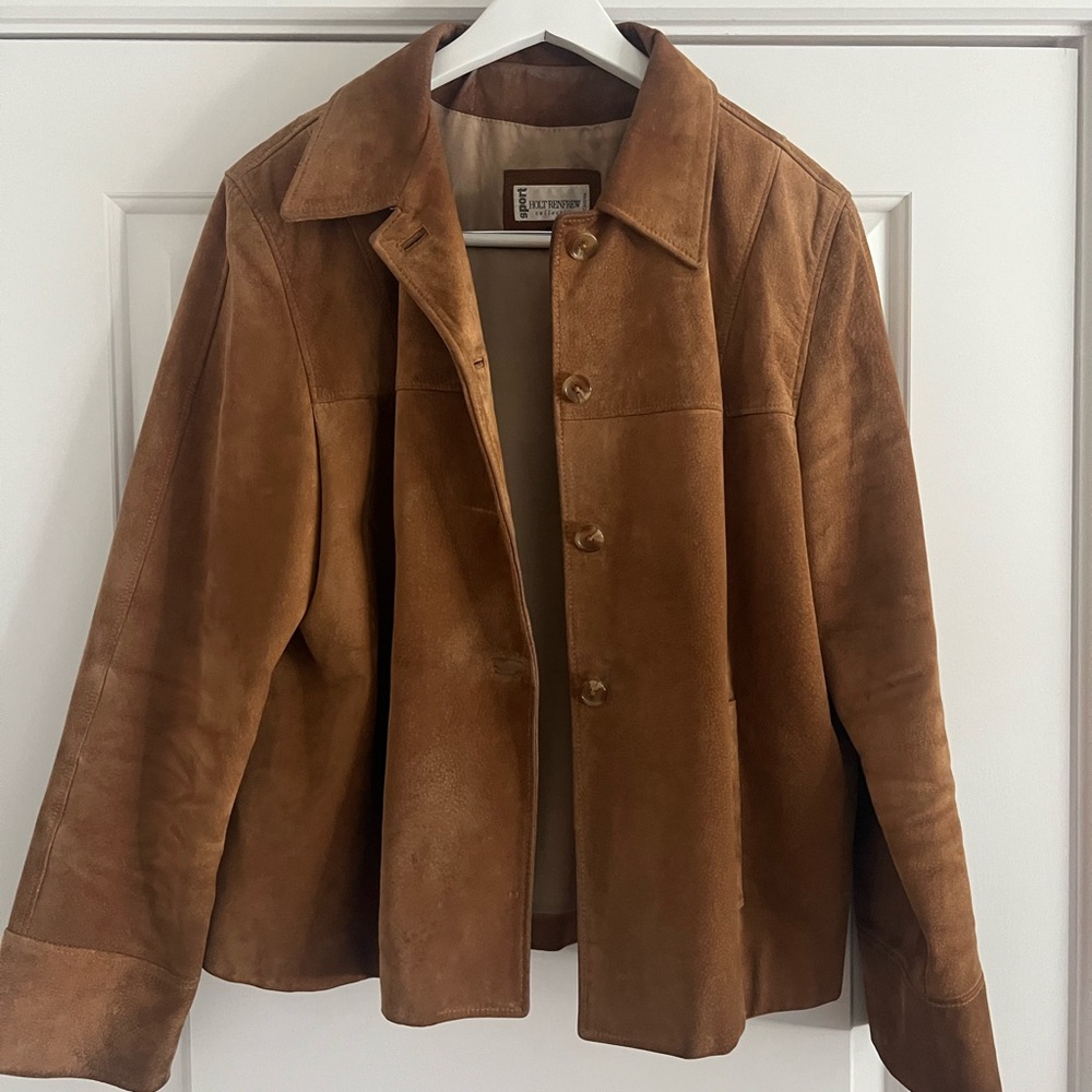 Vintage Holt Renfrew Sport Tan Suede Leather Jacket Women’s 14 Button Front